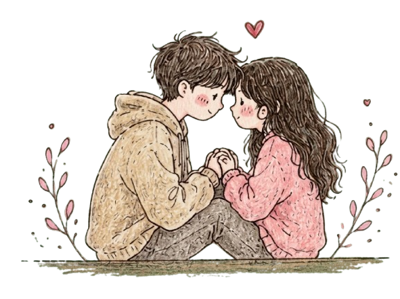 A hand-drawn couple sitting together and holding hands, surrounded by little hearts and flowers